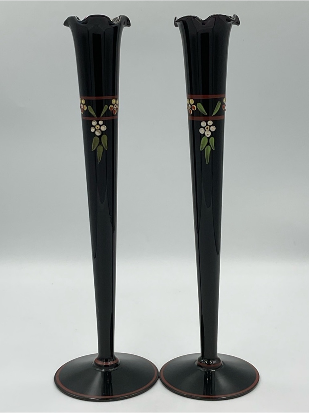 Antique Pair of Maryland Glass Black Amethyst Glass Art Deco Vase Hand Painted
